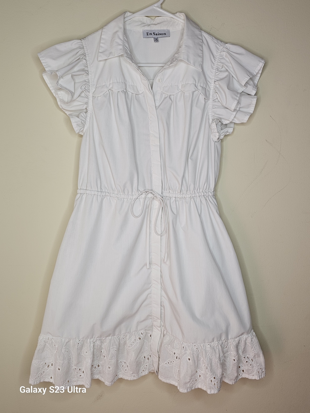 En Saison White Button-Front Ruffle Drawstring Dress